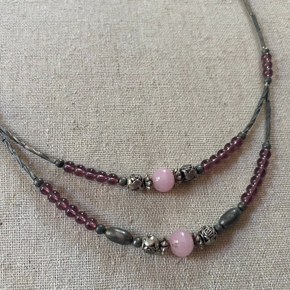 BAUBLEBAR Silver PINK Quartz Bead Double Strand Y2K Collar Necklace BOHO - Picture 4 of 4